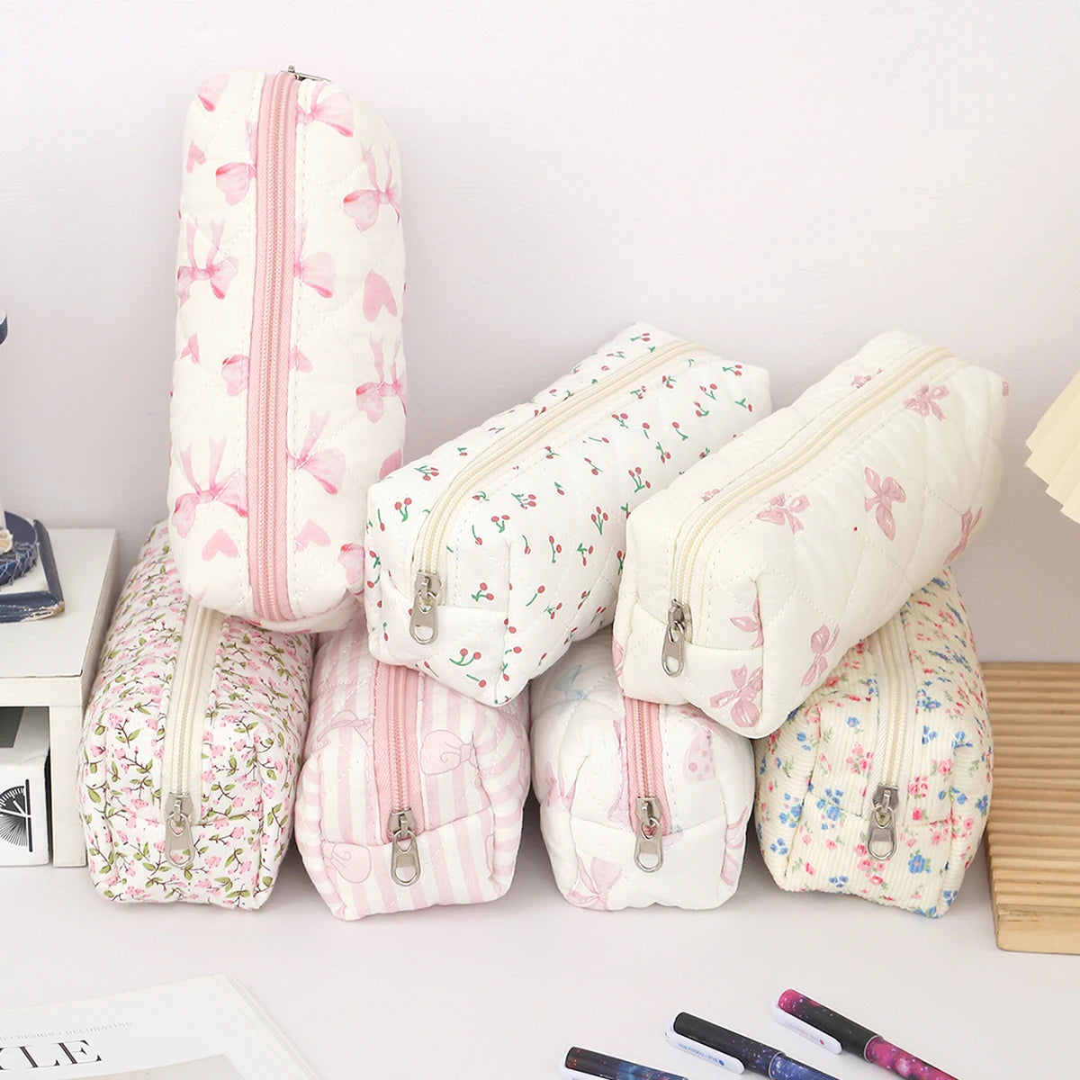 Cottagecore Floral Pencil Case, Cute Bow Quilted Stationery Bag