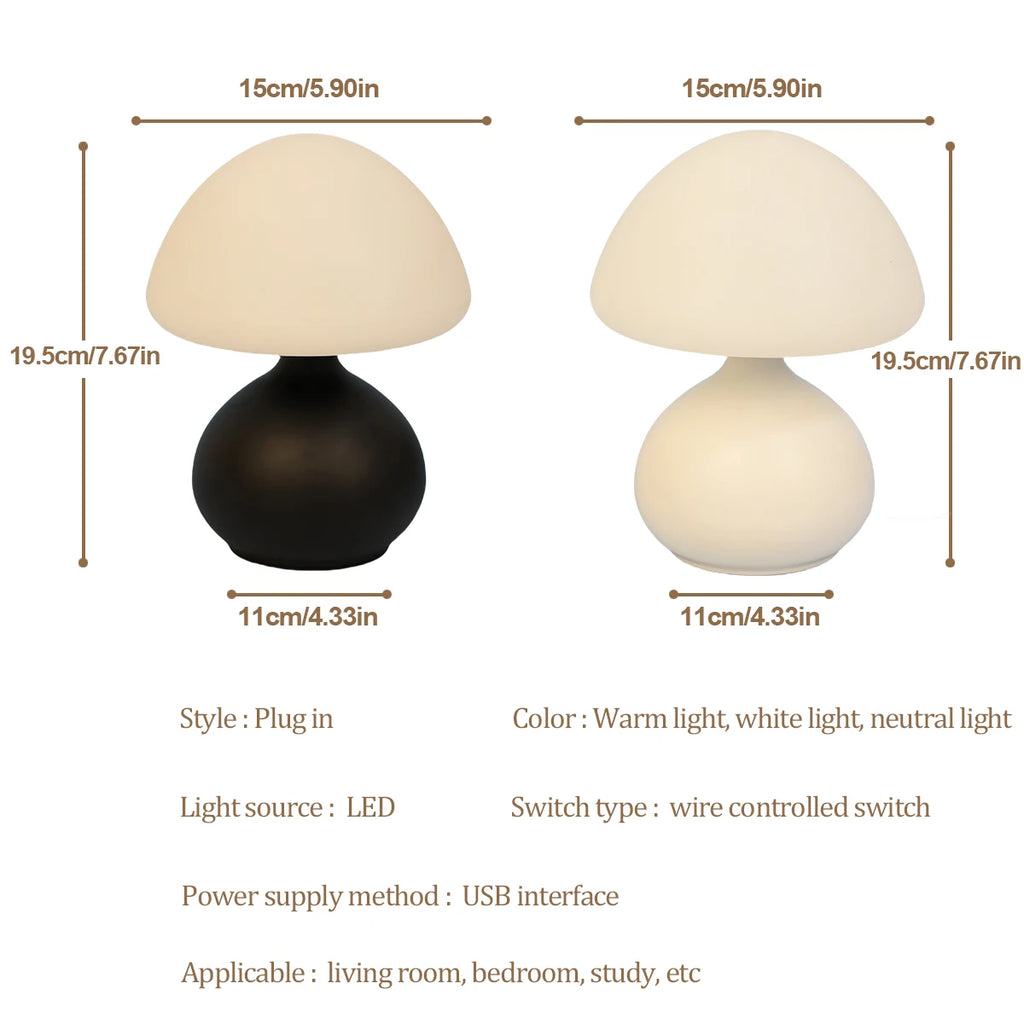 Minimalist mushroom table lamp with three color switching and infinite dimming