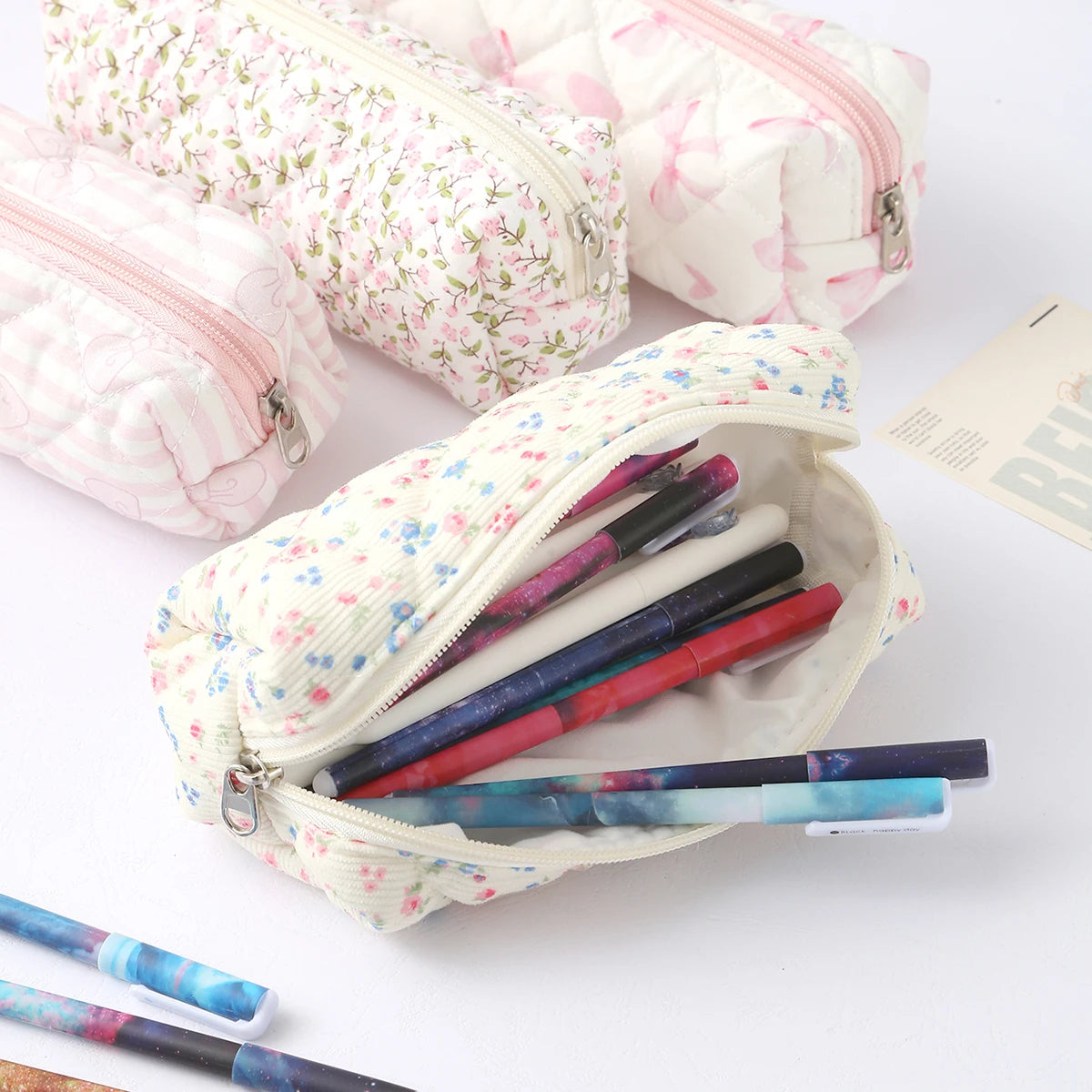 Cottagecore Floral Pencil Case, Cute Bow Quilted Stationery Bag