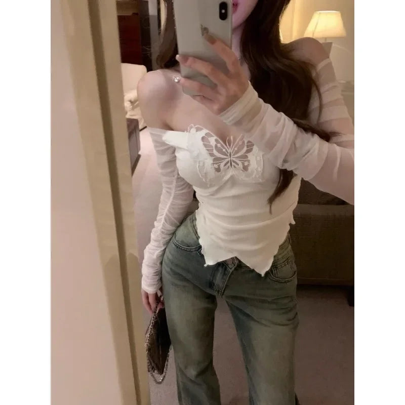Fairycore Grunge Longe Sleeve Mesh Top, Y2k Cottagecore Clothing