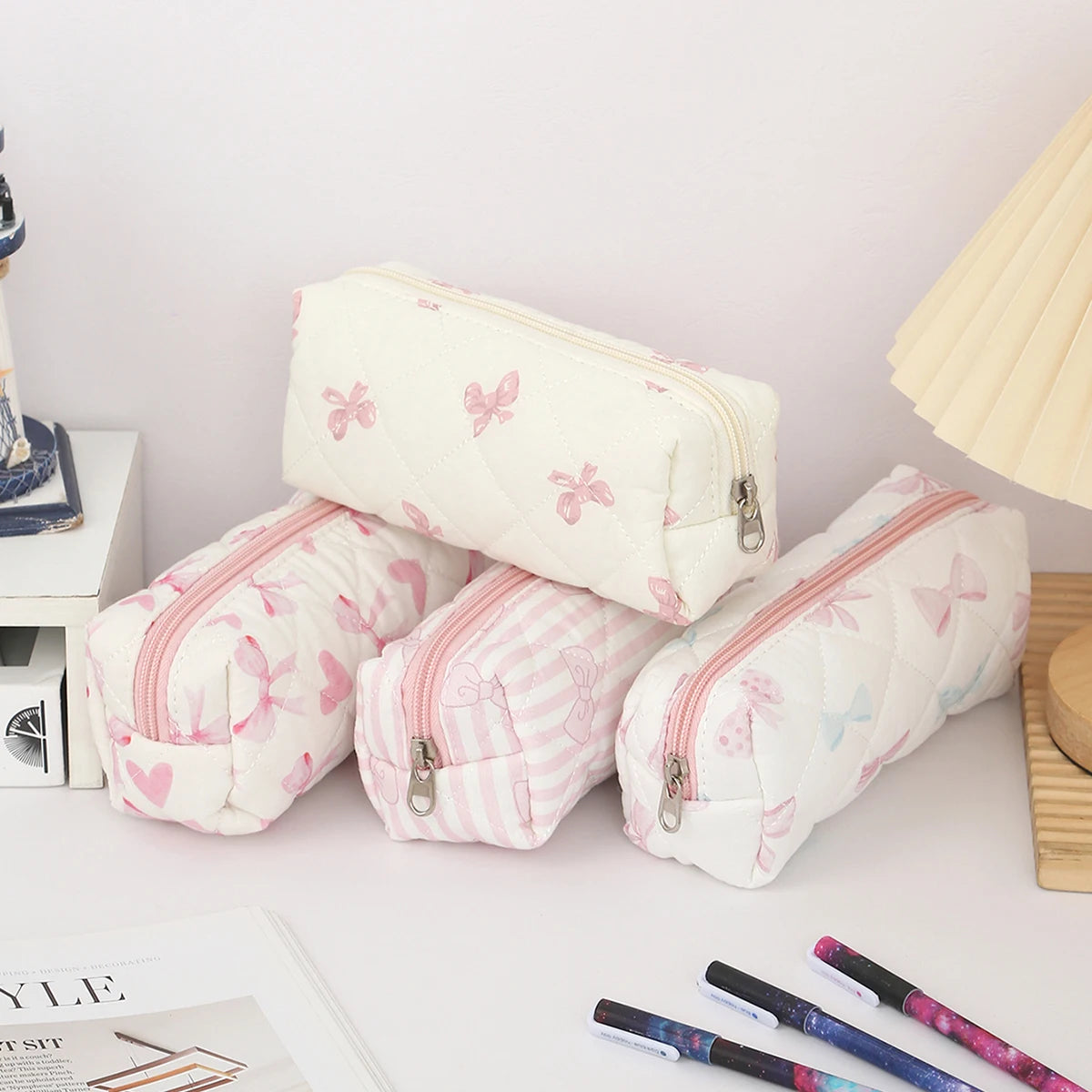 Cottagecore Floral Pencil Case, Cute Bow Quilted Stationery Bag