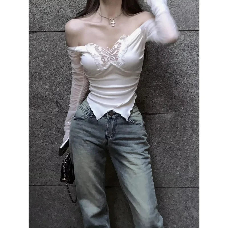 Fairycore Grunge Longe Sleeve Mesh Top, Y2k Cottagecore Clothing